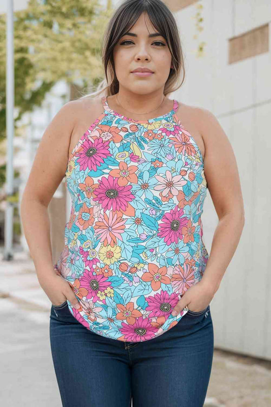 Camiseta sin mangas con cuello redondo y estampado floral de talla grande