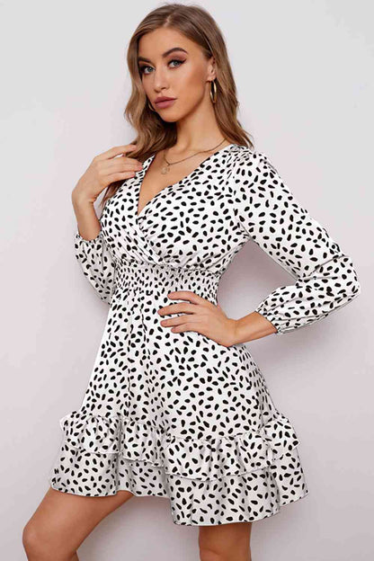 Printed Surplice Neck Puff Sleeve Ruffle Hem Dress