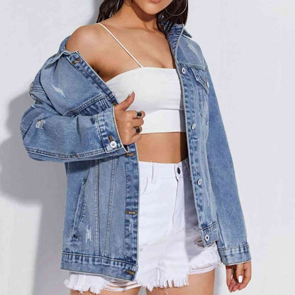 Veste en jean effet vieilli boutonnée à col et col