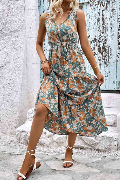 Robe fleurie sans manches à volants et col en V