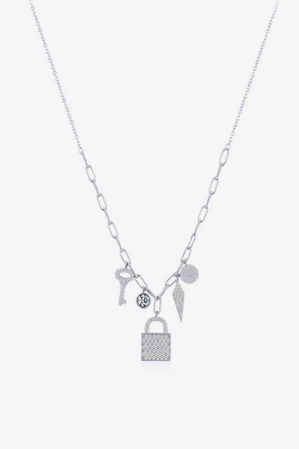 Collier pendentif serrure et clé en argent sterling 925 en zircon