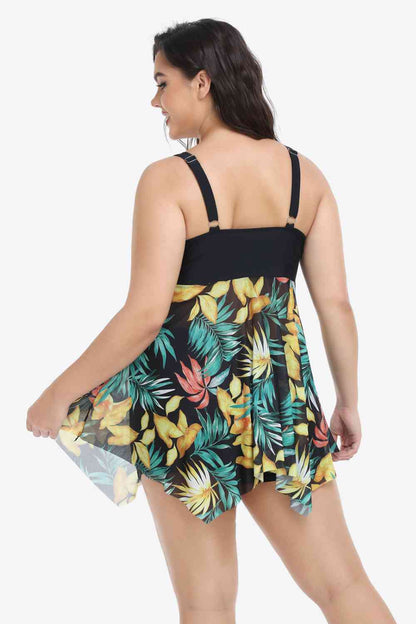 Maillot de Bain Deux Pièces Floral Bicolore à Ourlet Asymétrique de Grande Taille