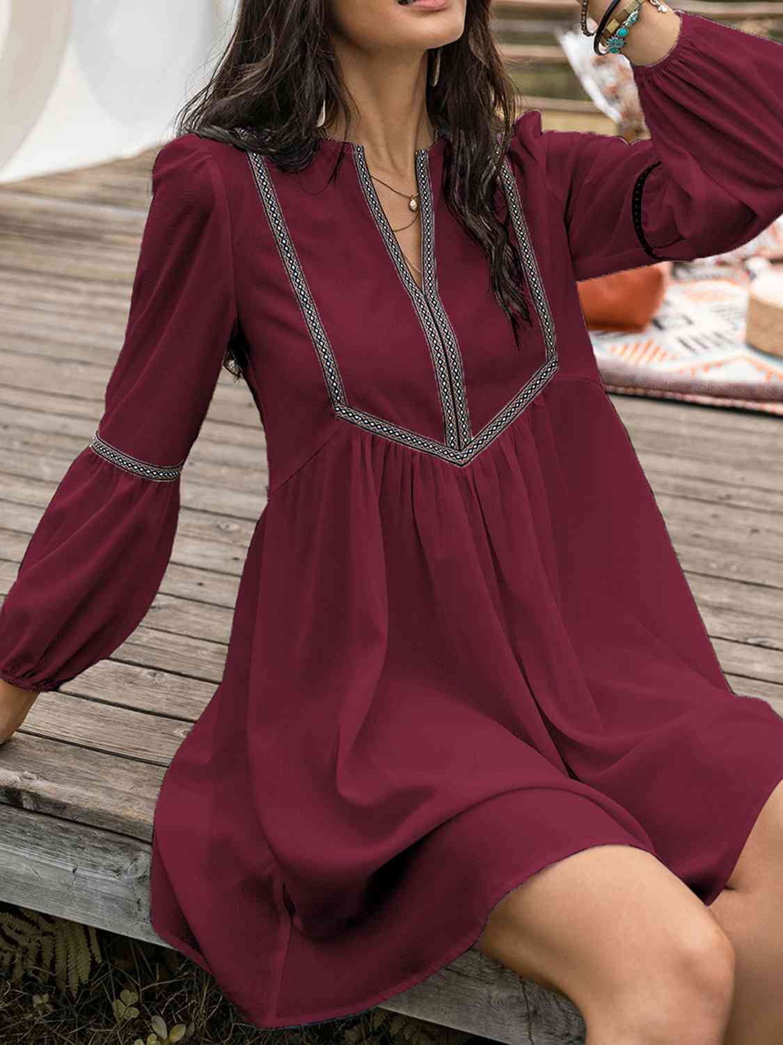 Notched Balloon Sleeve Mini Dress