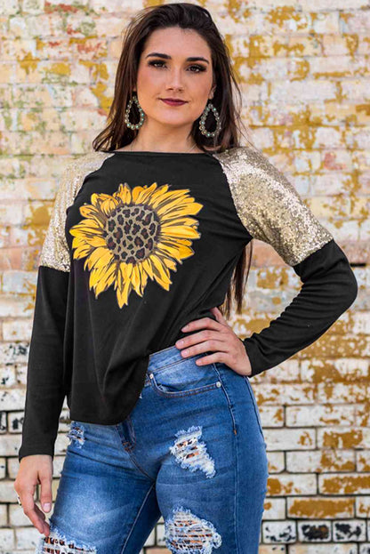 Camiseta con estampado de girasol y lentejuelas