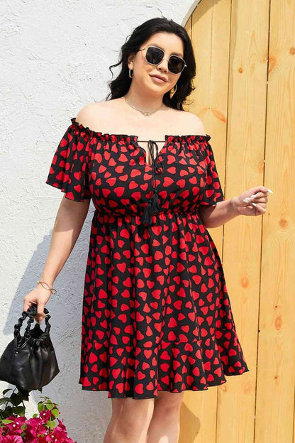 Robe Nouée à Epaules Dénudées Imprimé Coeur de Grande Taille