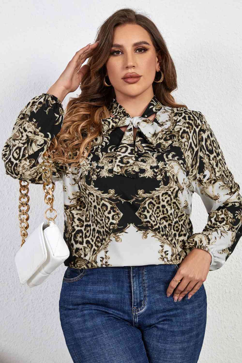 Melo Apparel Blusa de manga larga con cuello anudado y estampado de talla grande