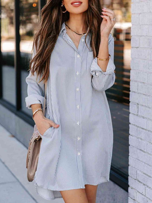 Robe chemise rayée à manches longues et col boutonné