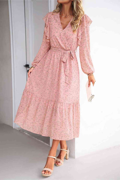 Surplice Neck Balloon Sleeve Midi Dress