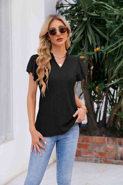 Notched Neck Puff Sleeve Blouse