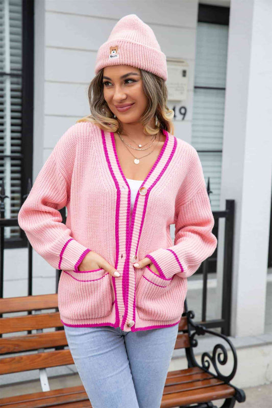 Cardigan à col en V en tricot gaufré avec poche