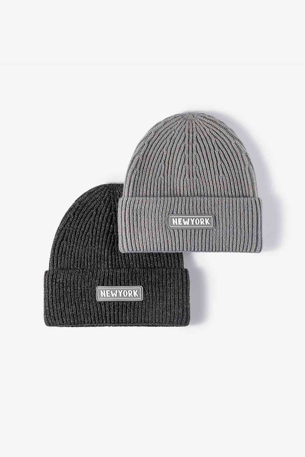 Bonnet à revers en tricot côtelé avec patch NEWYORK