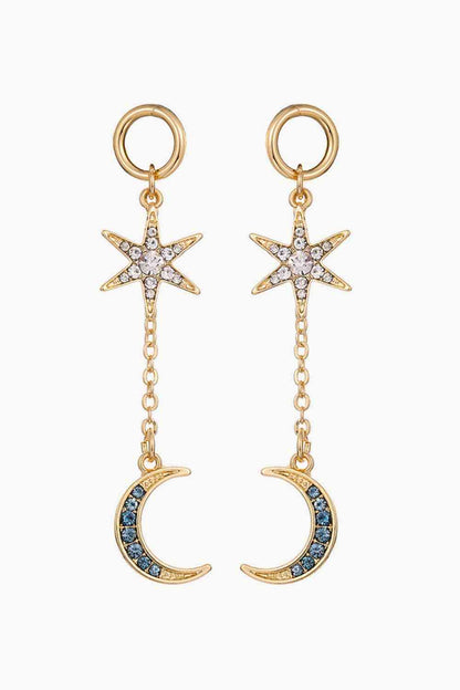 Pendientes colgantes con forma de estrella y luna con diamantes de imitación incrustados