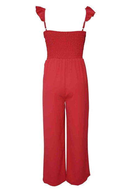 Ruffle Shoulder Smocked Pocket Jumpsuit