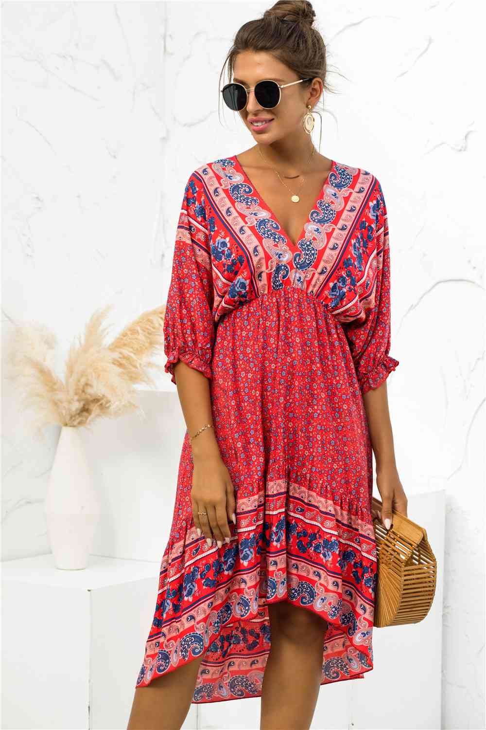 Vestido estampado bohemio con cuello en V