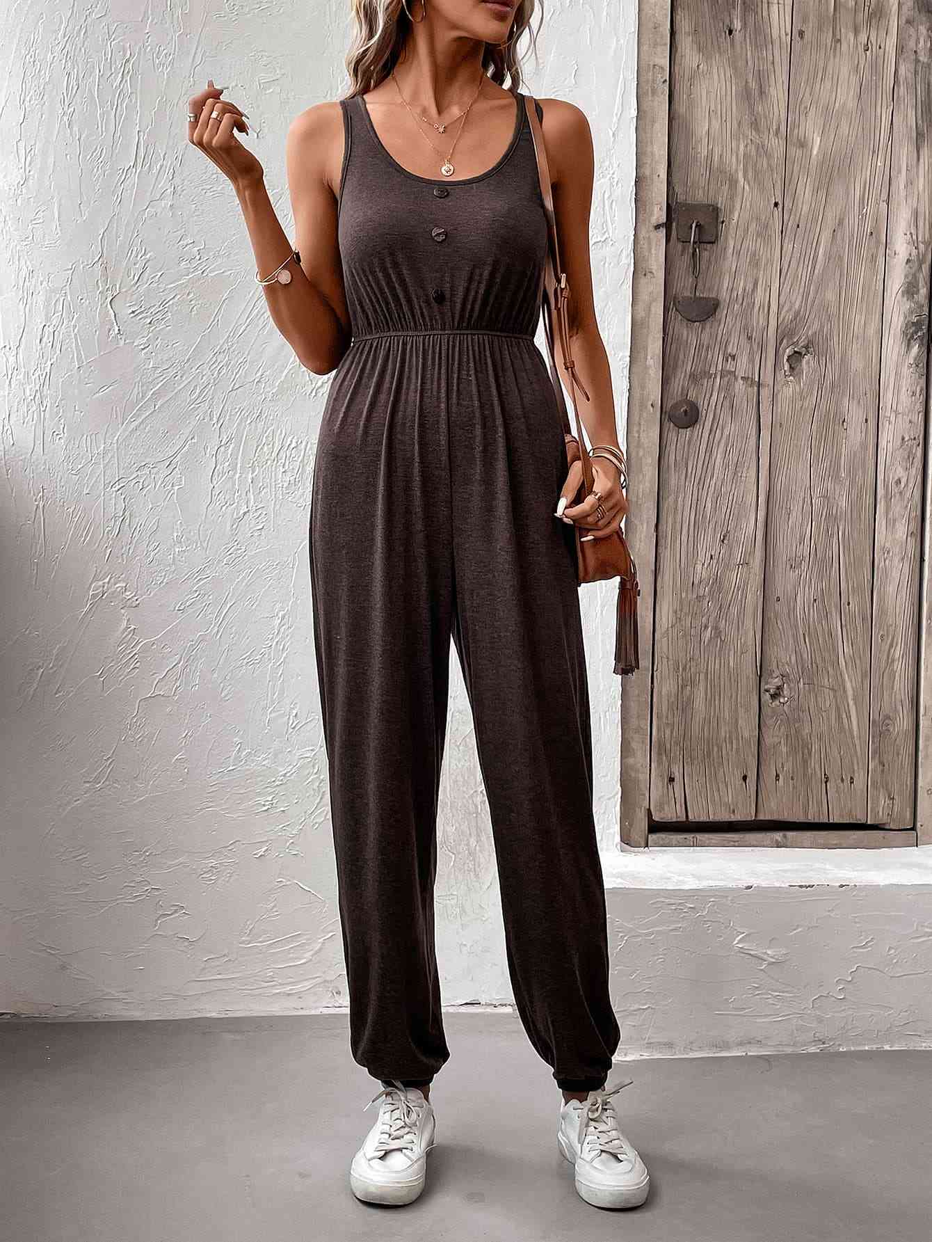 Decorative Button Scoop Neck Sleeveless Jumpsuit