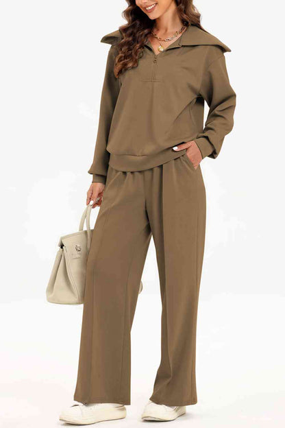 Half Zip Collared Neck Sweatshirt and Pants Set