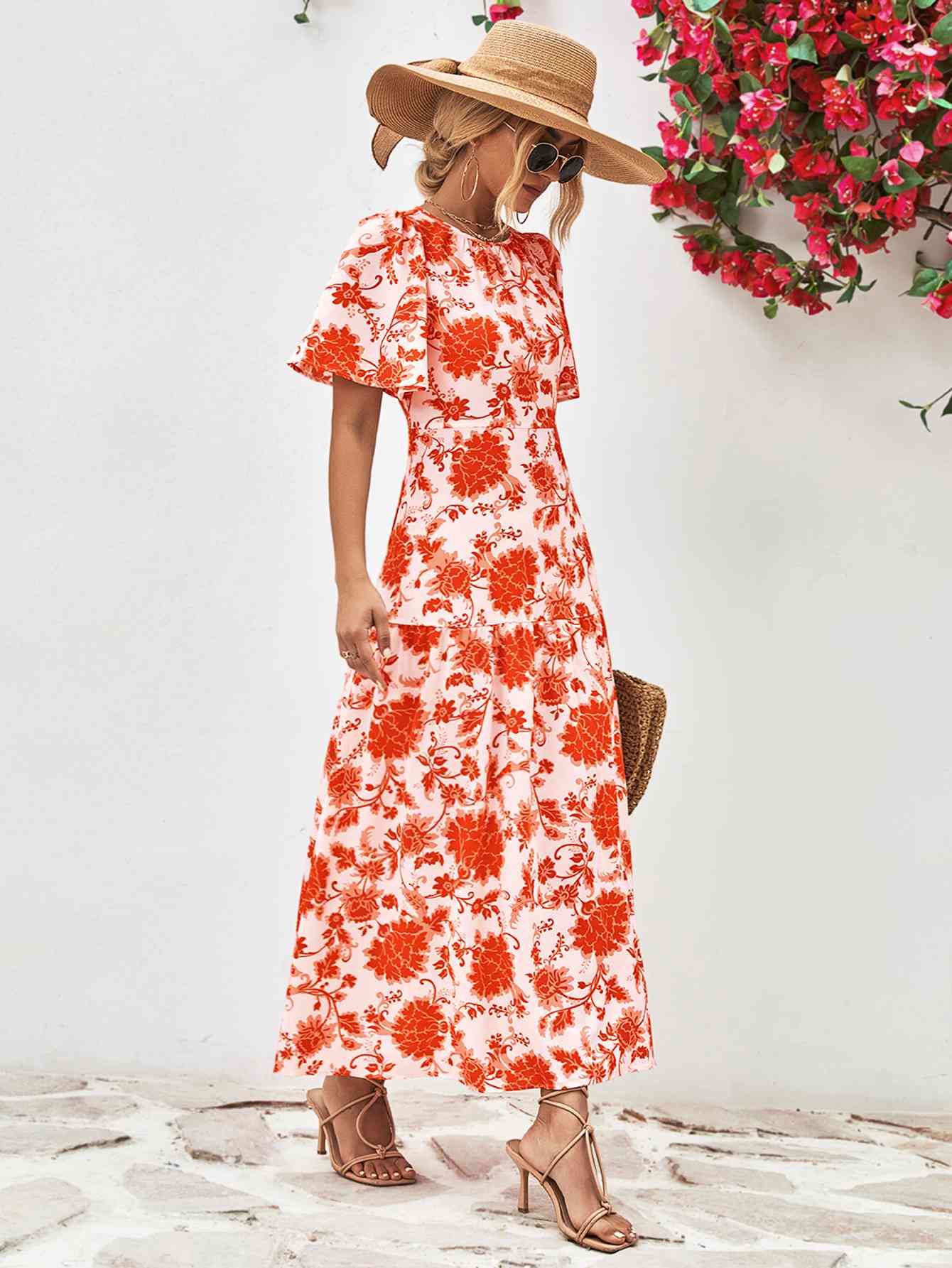 Floral Round Neck Tied Open Back Dress