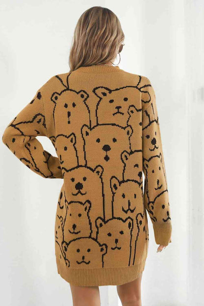 Vestido tipo suéter con cuello redondo y estampado de oso