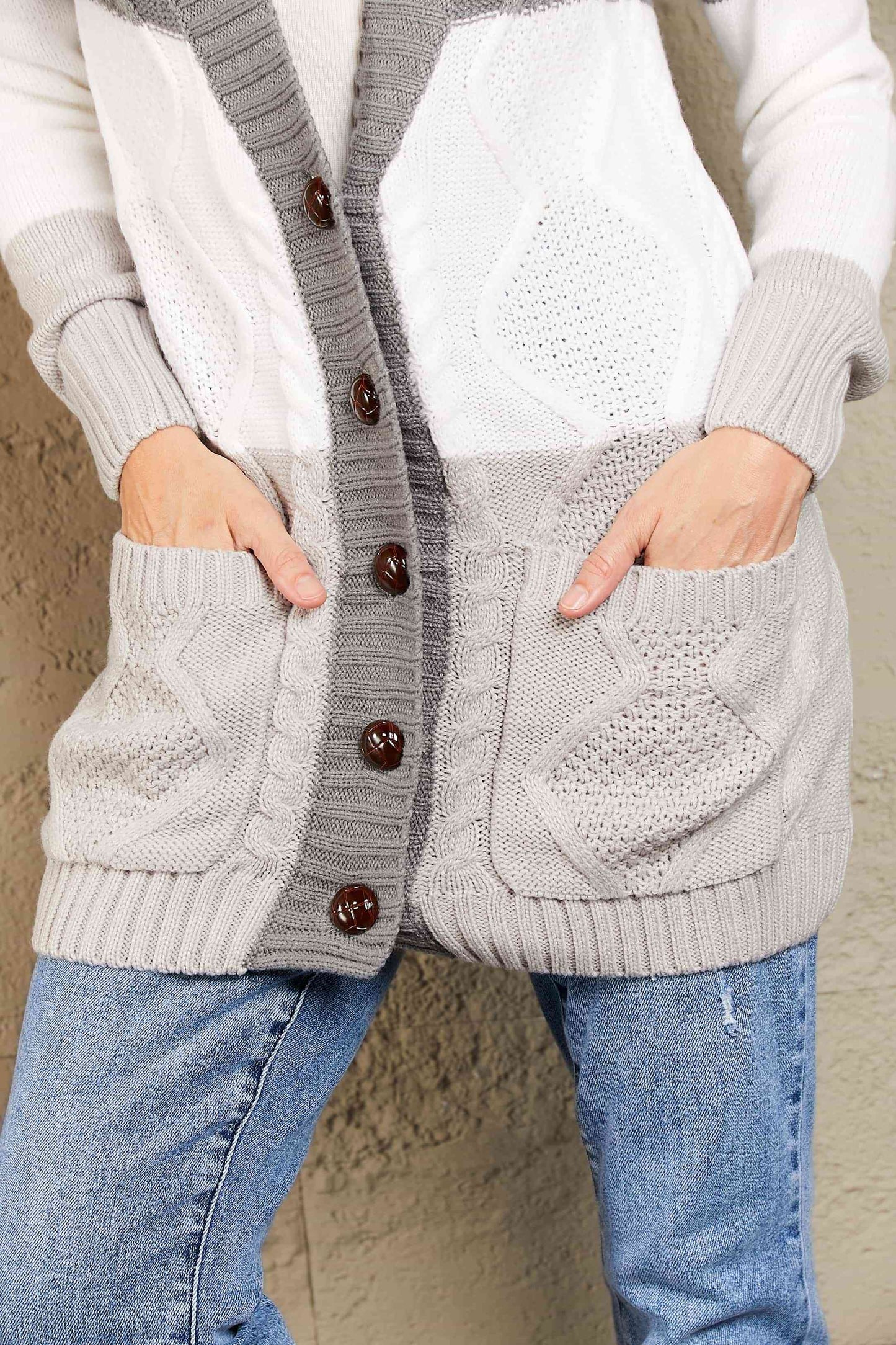 Woven Right Button Pocket Cable Knit Cardigan