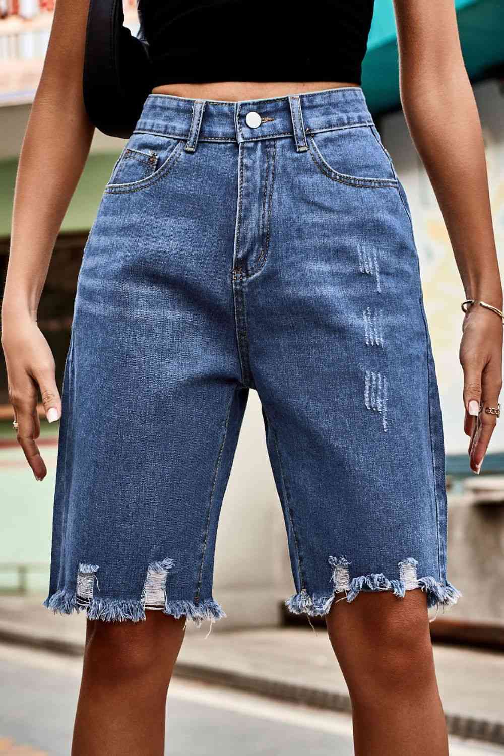 Raw Hem High Waist Denim Shorts with Pockets