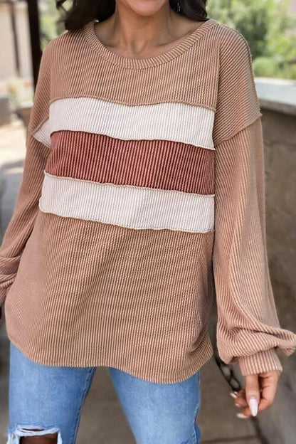 Ribbed Color Block Exposed Seam Round Neck Blouse