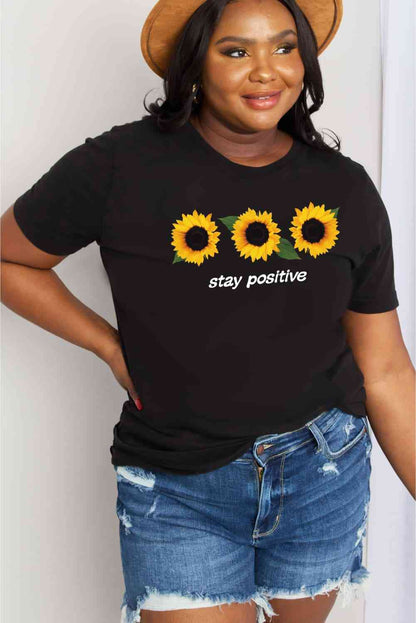 Simply Love T-shirt en coton graphique STAY POSITIVE tournesol pleine taille