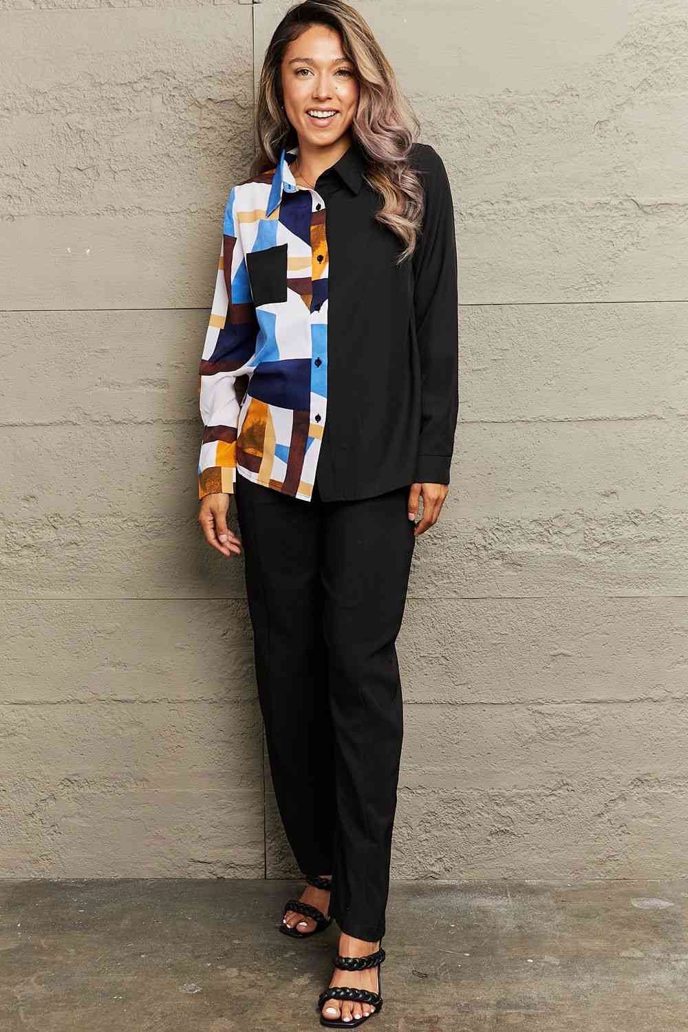 Contrast Printed Long Sleeve Collared Neck Shirt