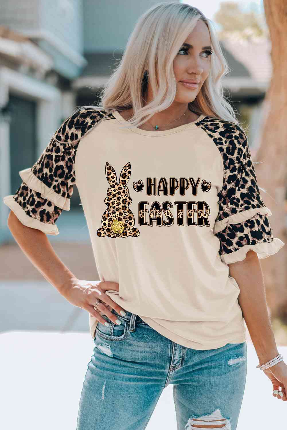 HAPPY EASTER T-shirt à manches superposées avec motif léopard