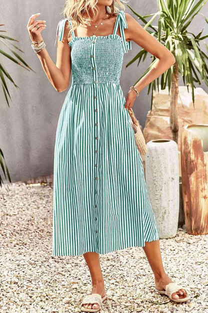 Smocked Tie Strap Sleeveless Striped Midi Dress