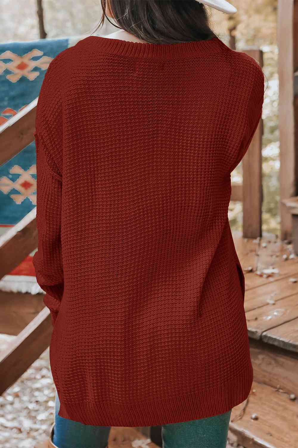 Waffle-Knit Dropped Shoulder Buttoned Sweater