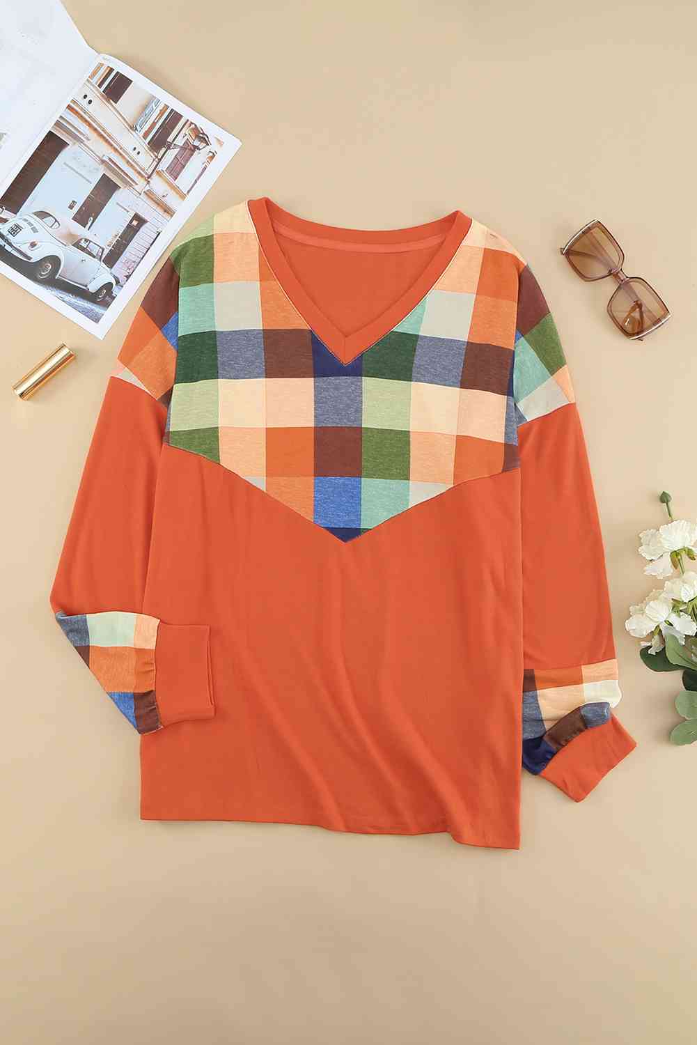 Double Take Plus Size Plaid V-Neck Spliced Top