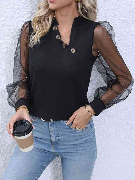 Decorative Button Puff Sleeve Blouse