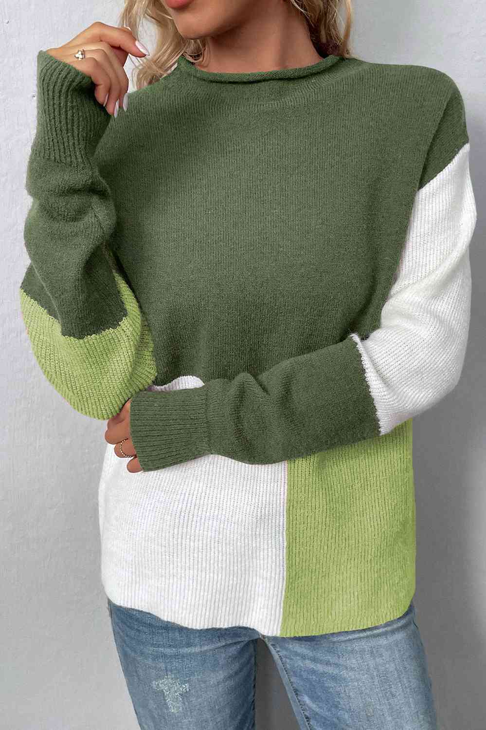 Color Block Round Neck Dropped Shoulder Sweater