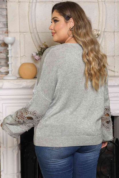 Pull à Manches Longues et Epaule Tombante en Crochet de Grande Taille