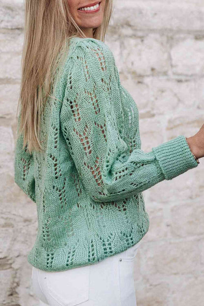 Full Size Openwork Round Neck Knit Top