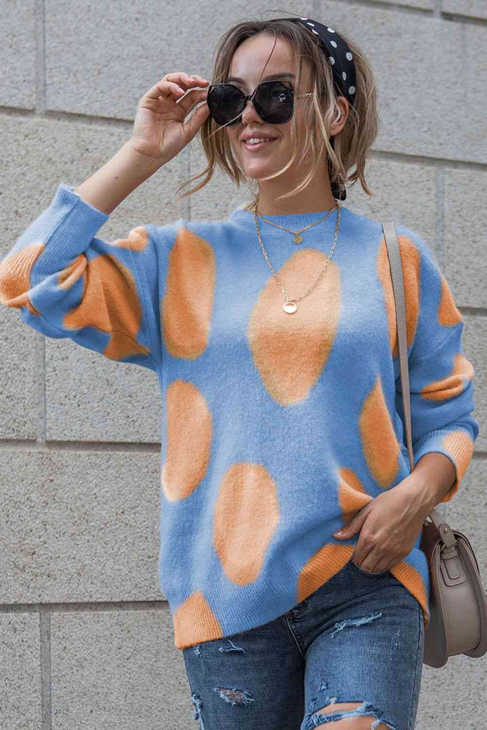 Printed Round Neck Dropped Shoulder Pullover Sweater