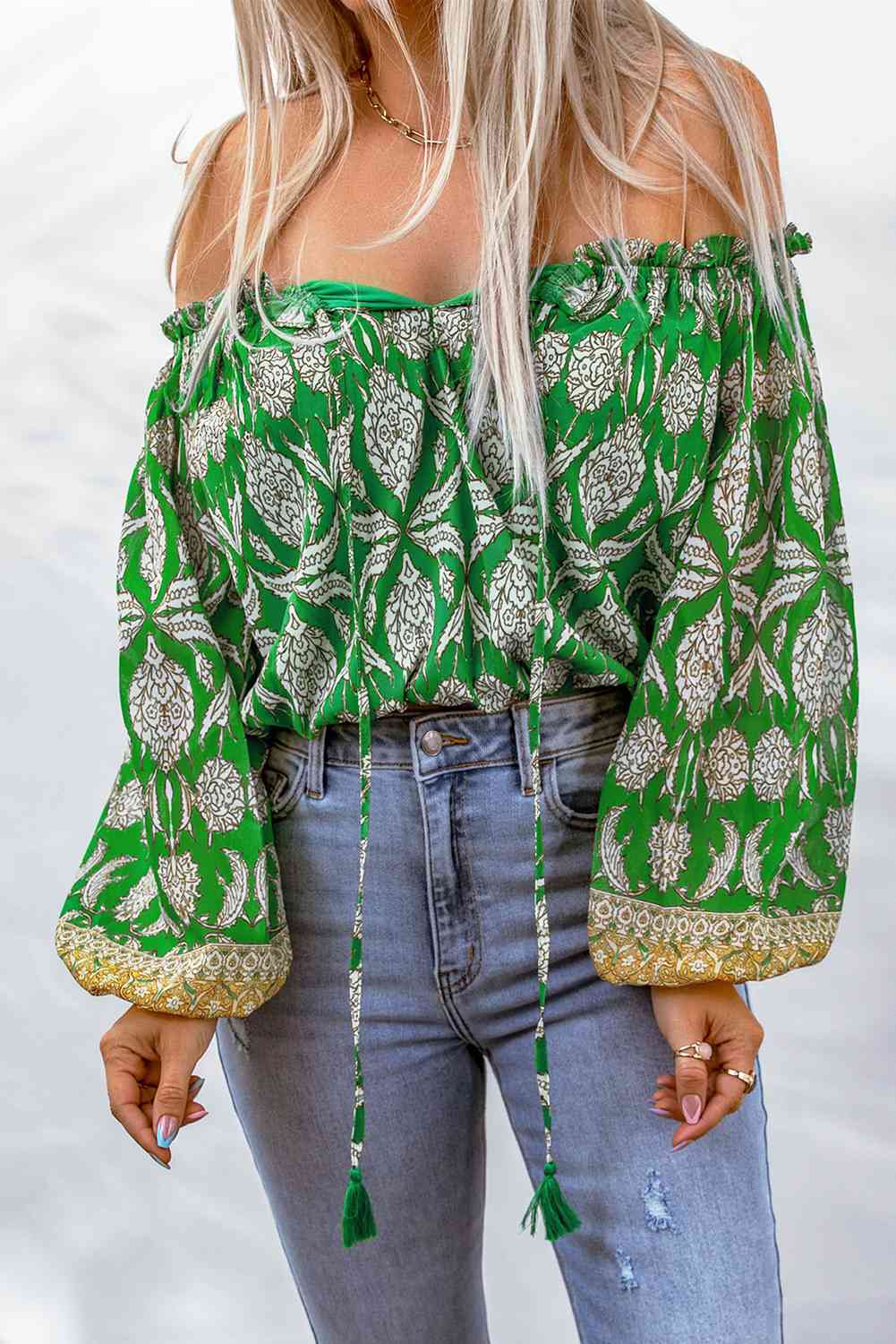 Printed Tassel Tie Balloon Sleeve Blouse