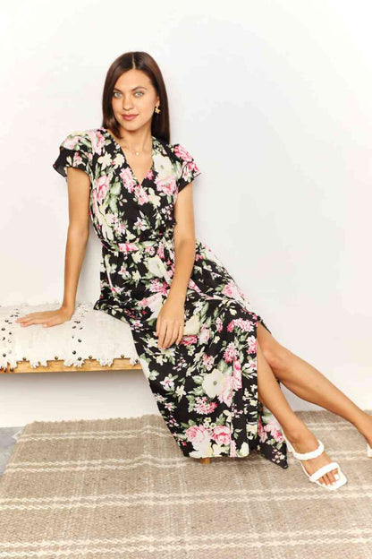 Robe fendue florale à manches flottantes et taille nouée Double Take