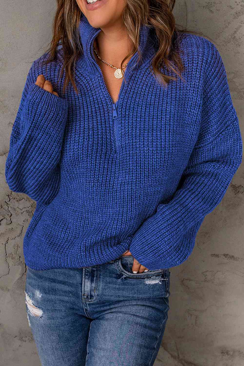 Woven Right Half Zip Rib-Knit Dropped Shoulder Sweater