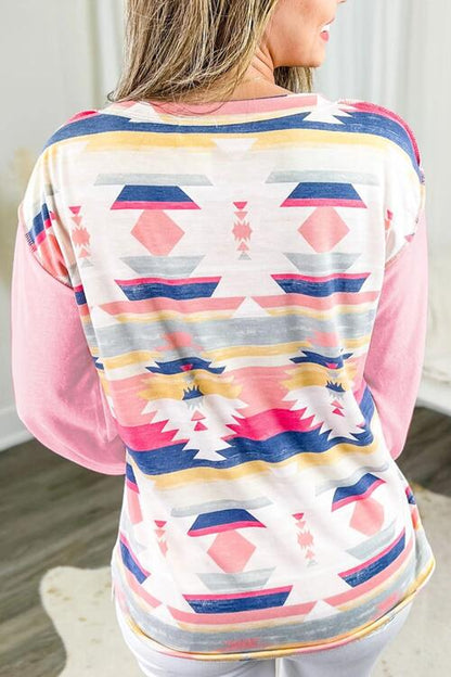 Geometric Exposed Seam Half Button Blouse