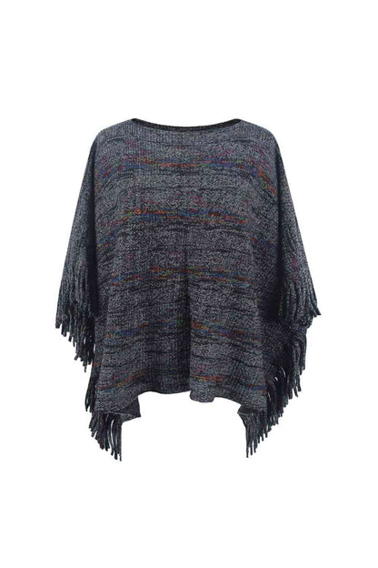 Poncho à manches et détails de franges à col rond