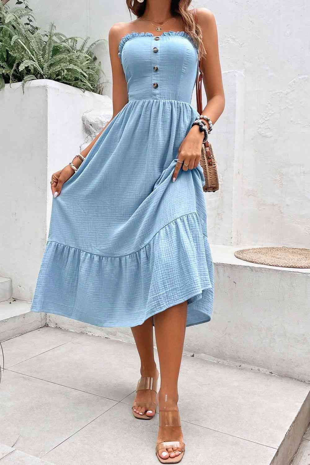 Sweetheart Neck Buttoned Sleeveless Midi Dress