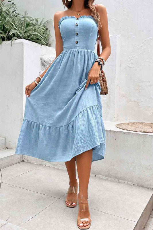 Robe midi boutonnée sans manches à col en cœur