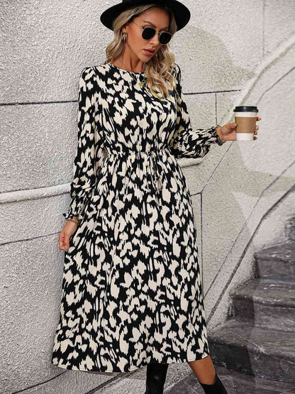 Vestido midi de manga larga de leopardo