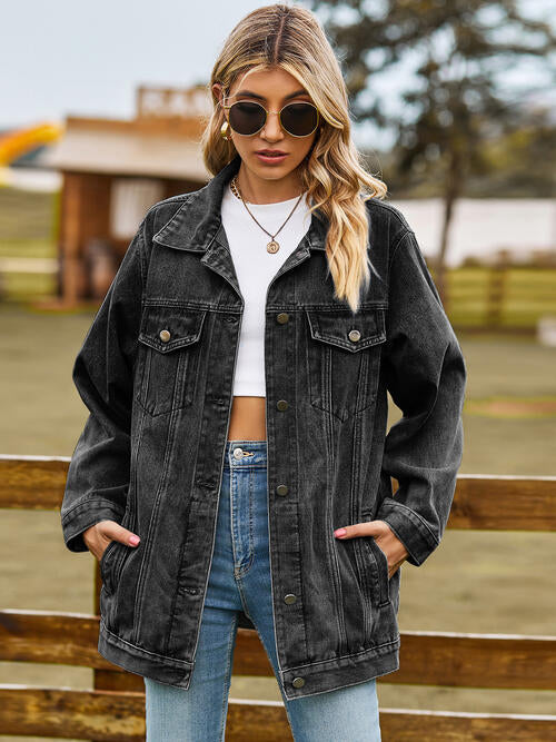 Collared Neck Denim Jacket With Pockets