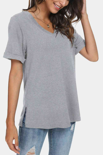 V-Neck Short Sleeve Slit T-Shirt