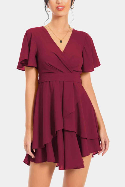 Surplice Neck Flutter Sleeve Dress