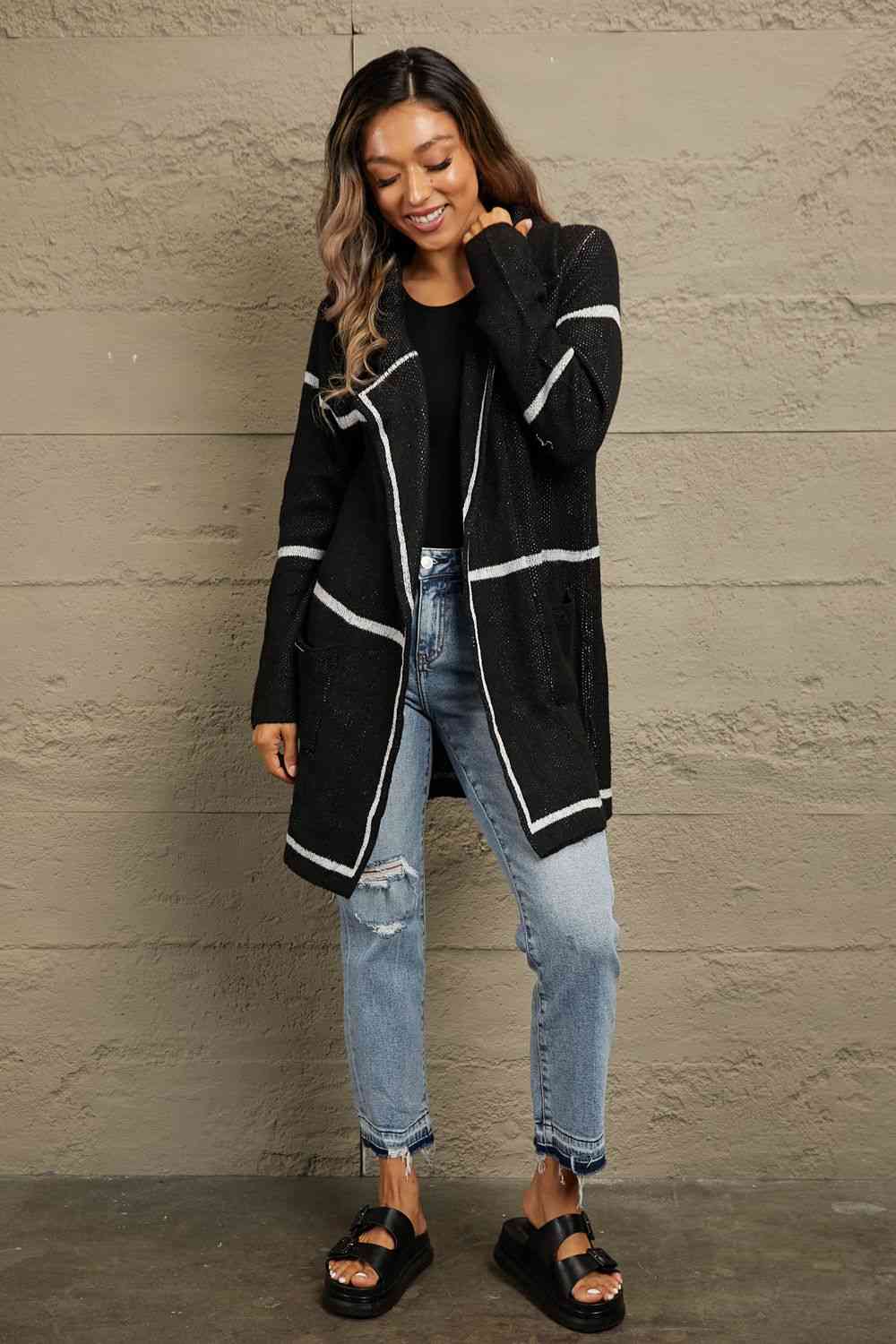 Double Take Striped Contrast Open Front Lapel Collar Cardigan with Pockets
