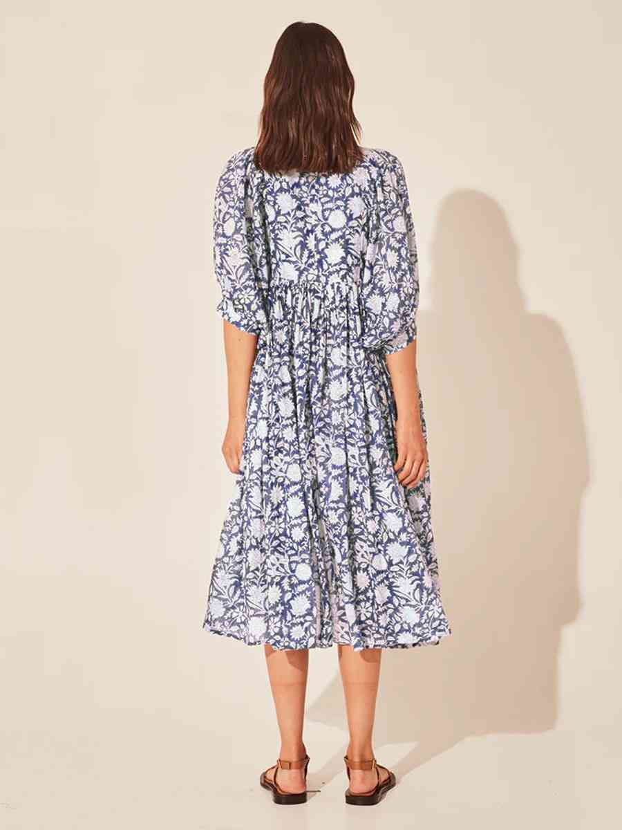 Floral Tie Neck Lantern Sleeve Dress