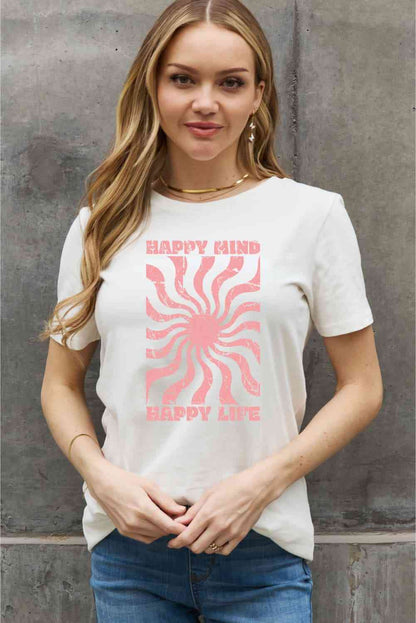 Camiseta de algodón con estampado HAPPY MIND HAPPY LIFE de tamaño completo de Simply Love